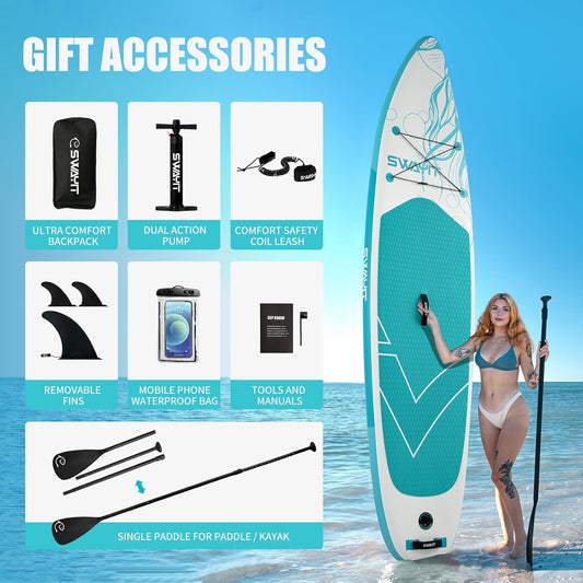 Jellyfish White Inflatable Stand Up Paddle Board – Durable SUP with Adjustable Paddle,Dual Action Pump, Carry Bag, Ankle Leash, Non-Slip EVA Deck – All Skill Levels