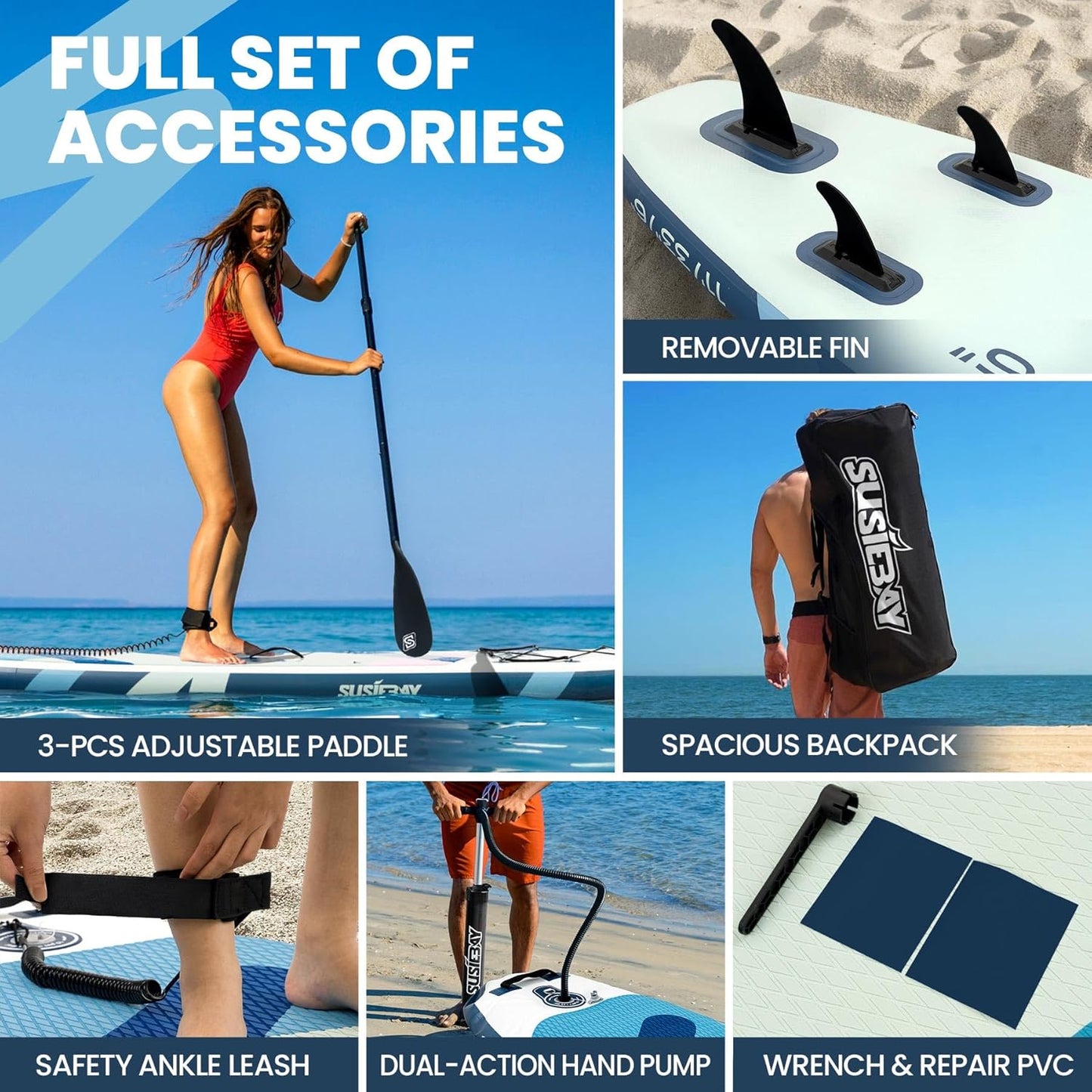 Inflatable Stand Up Paddle Board with SUP Accessories,Extra Wide Paddle Board Inflatable,Anti-Slip EVA Deck, Double Action Pump, 2+1 Removal Fins for Youth & Adult