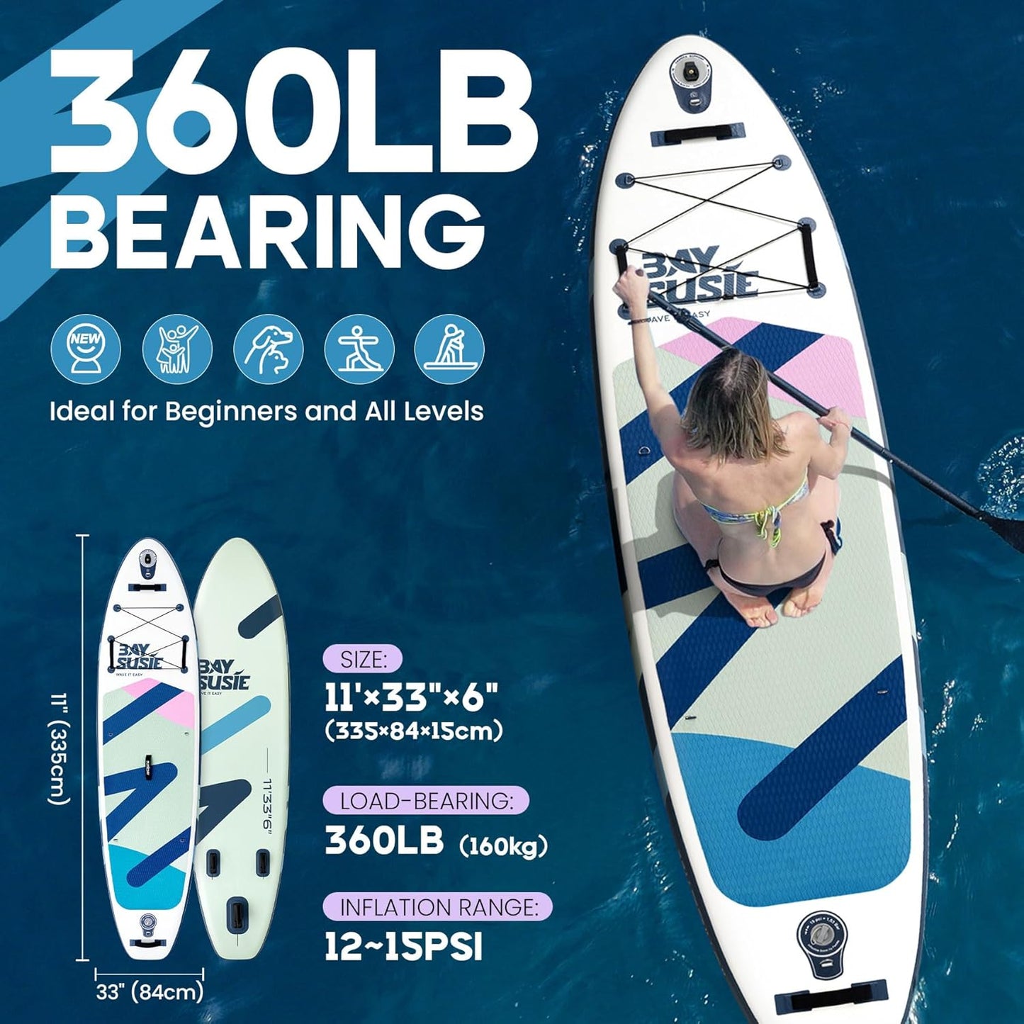 Inflatable Stand Up Paddle Board with SUP Accessories,Extra Wide Paddle Board Inflatable,Anti-Slip EVA Deck, Double Action Pump, 2+1 Removal Fins for Youth & Adult