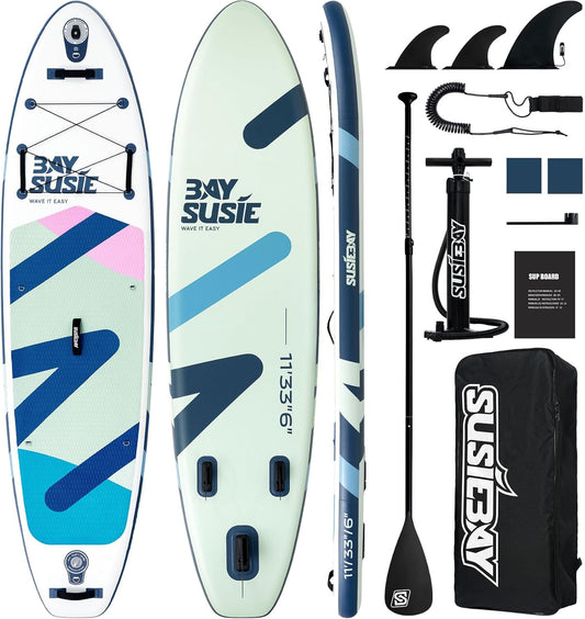 Inflatable Stand Up Paddle Board with SUP Accessories,Extra Wide Paddle Board Inflatable,Anti-Slip EVA Deck, Double Action Pump, 2+1 Removal Fins for Youth & Adult
