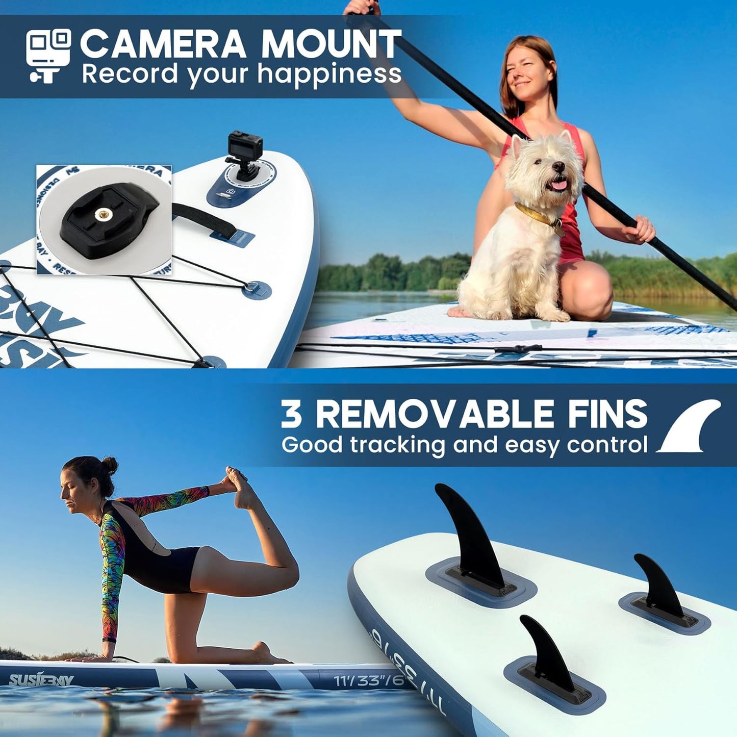 Inflatable Stand Up Paddle Board with SUP Accessories,Extra Wide Paddle Board Inflatable,Anti-Slip EVA Deck, Double Action Pump, 2+1 Removal Fins for Youth & Adult